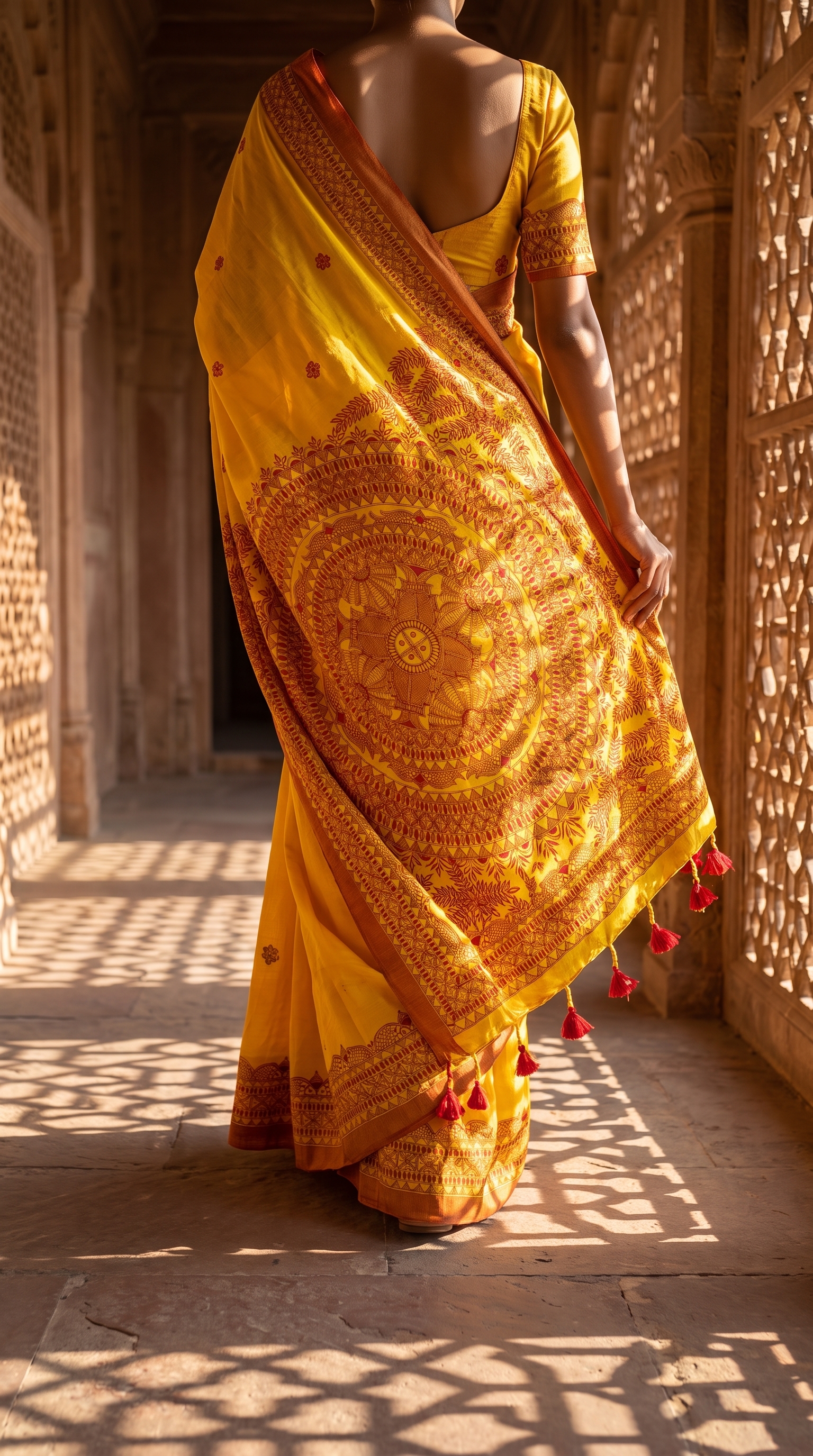 Orange Khadi Cotton Mithila Saree