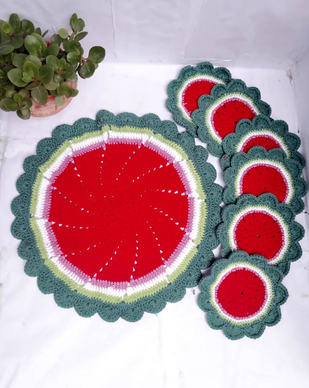 Handcrafted Watermelon Crochet Table Mat & Coaster Set